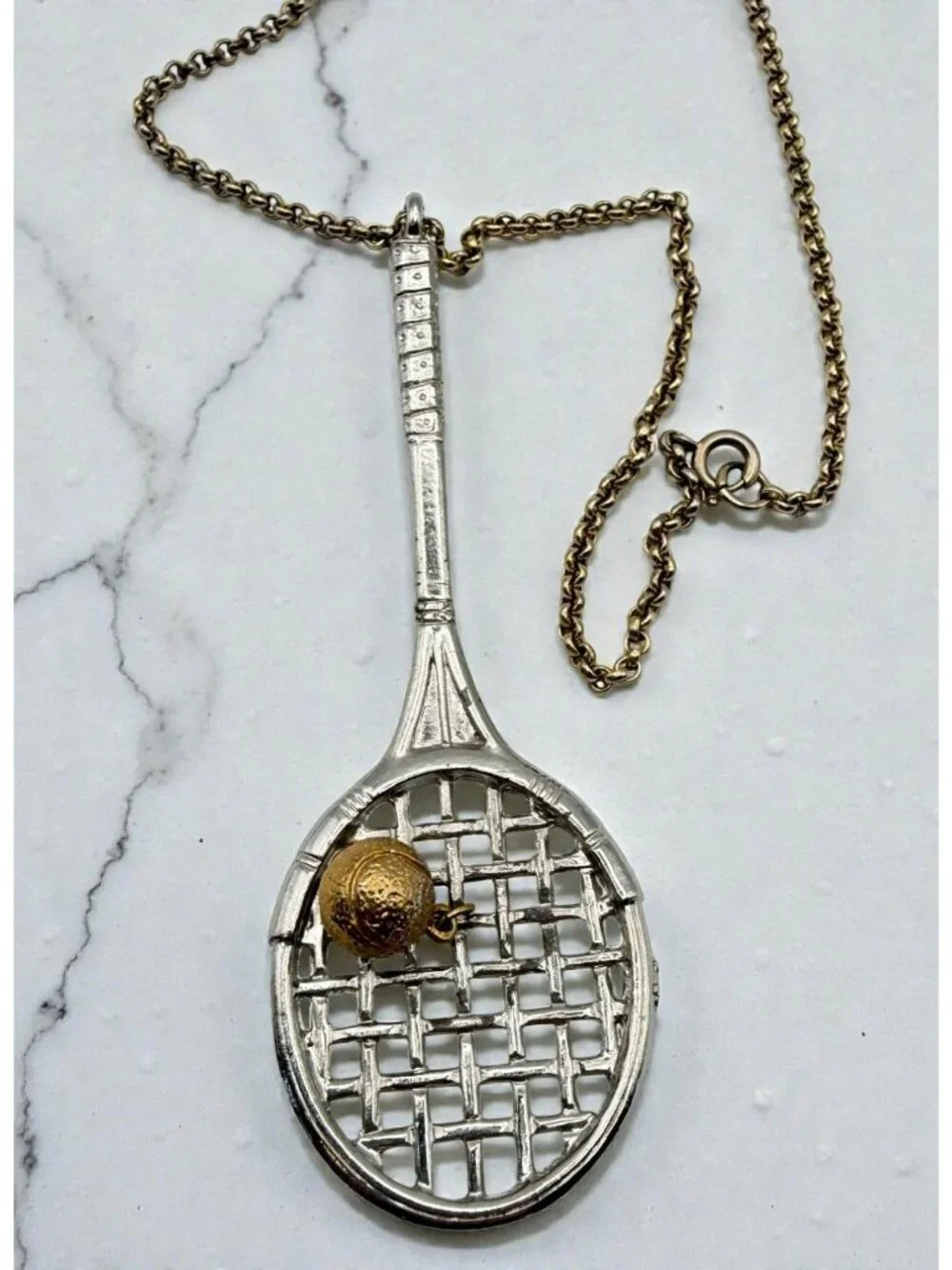 Vintage Tennis Racket Large Pendant Necklace 18" Gold and Silver Tone Sports 80s - Picture 1 of 7